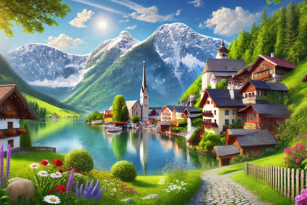DALL·E 2024-11-24 16.26.32 - A realistic and highly detailed image showcasing a classic Austrian landscape for tourism. The scene includes lush green alpine meadows, colorful wild