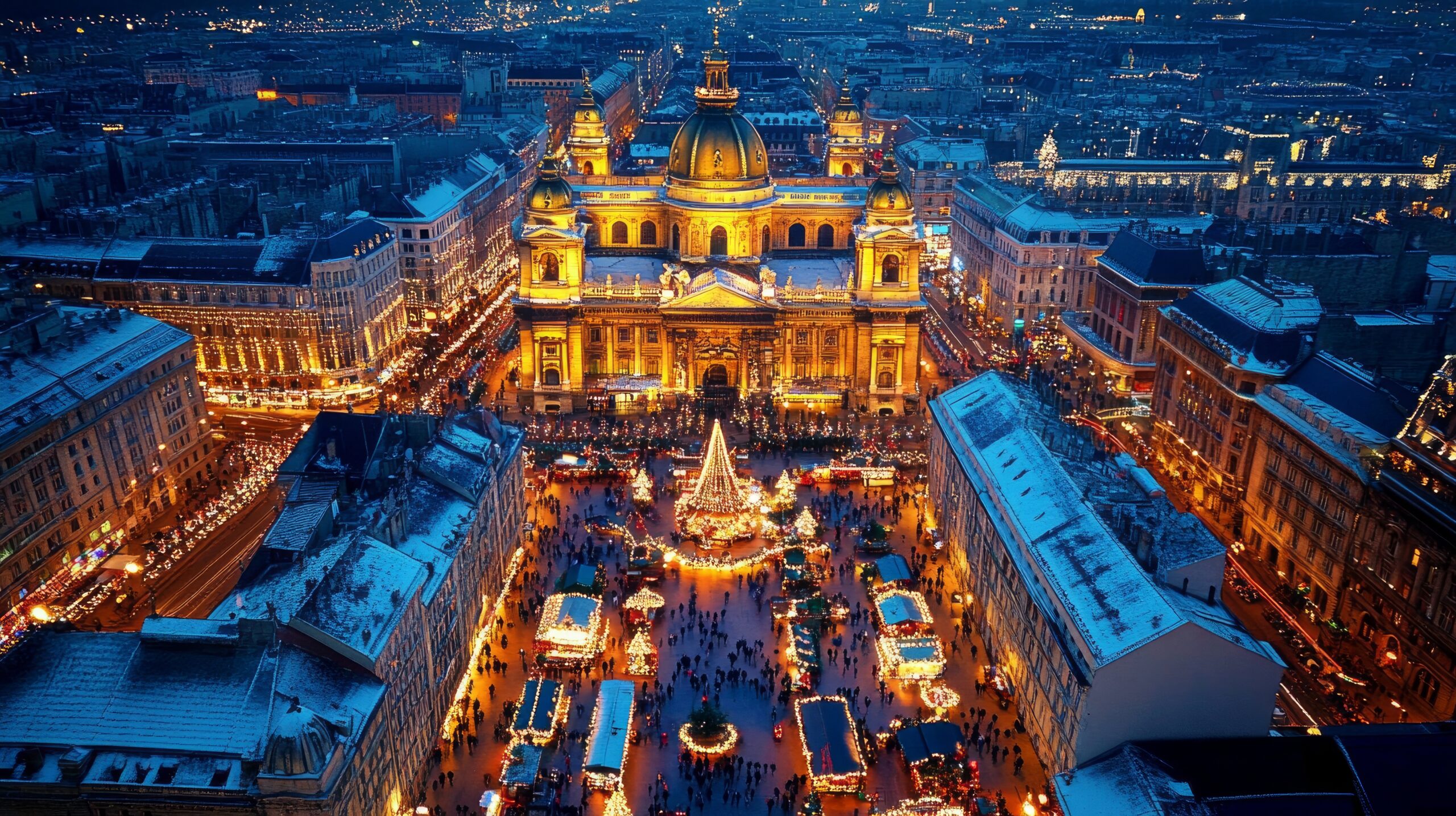 Saint Stephen Basilica's Christmas market in Budapest sparkles with seasonal cheer and spectacular lights.