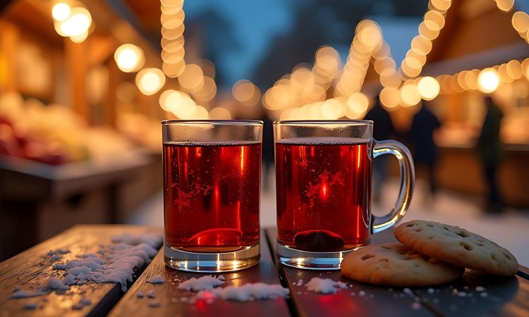 Two glasses of hot mulled wine with chocolate chip cookies at a Christmas market illuminated in the evening, at night in December. Winter. Holiday.