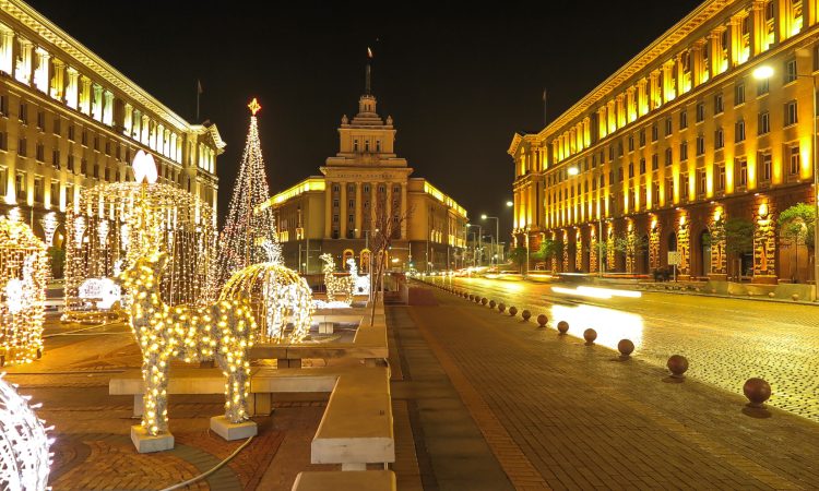 Night views of downtown Sofia with Christmas decorations