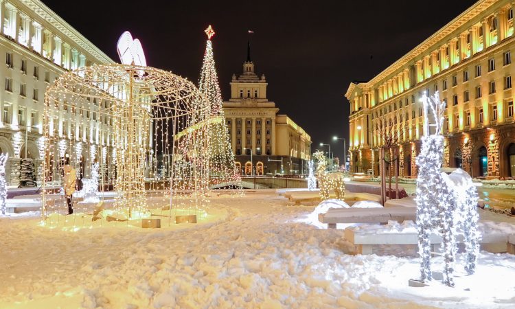 Beautiful night view in downtown Sofia Ministerial Council, the National Assembly and the presidency with Christmas decorations. Bulgaria