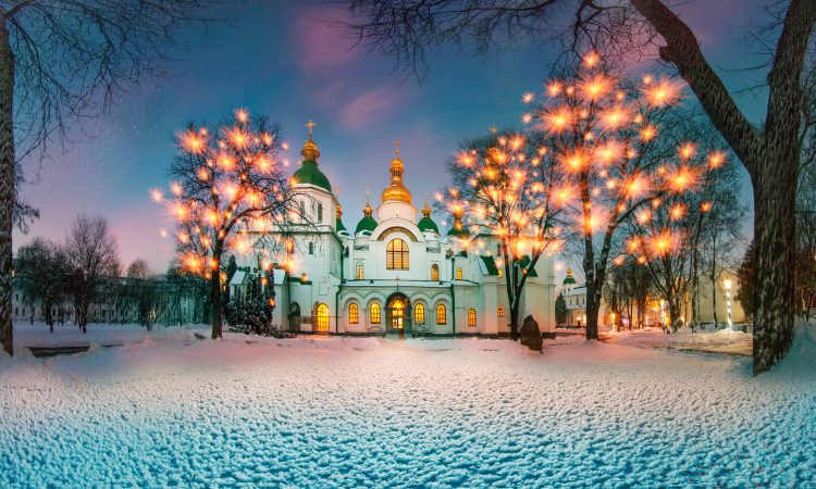 Winter time for special-old Sophia monastery in Kiev ... quiet old park, ancient trees and grandeur most revered and beloved Church in Ukraine for citizens and visitors. foundation of the church in the 10th century-