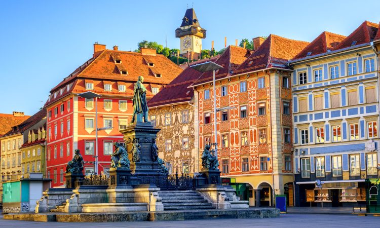 Painted facades and the Clocktower in the old town of Graz, Austria are on UNESCO World Cultural Heritage list